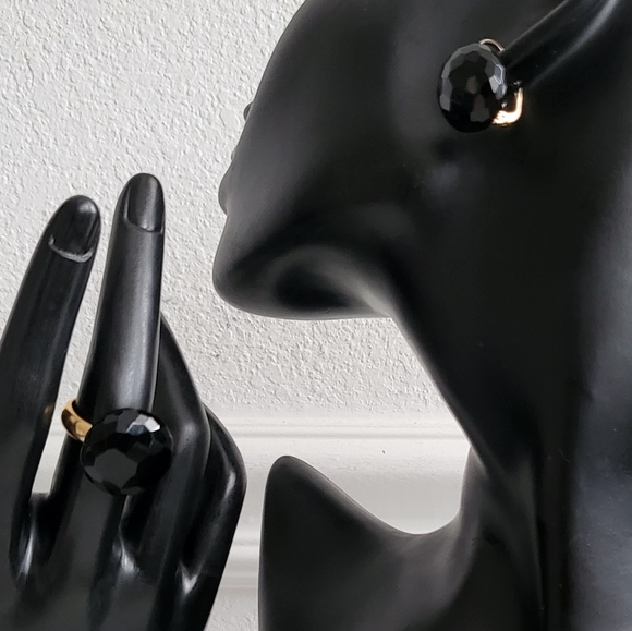 18K Solid Gold With Black Onyx Earrings & Ring Set - Picture 1 of 8